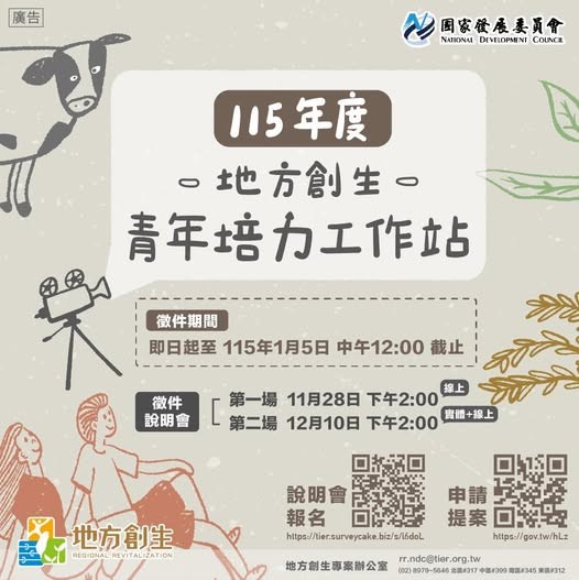 國家發展委員會115年度補助「地方創生青年培力工作站」徵件囉～