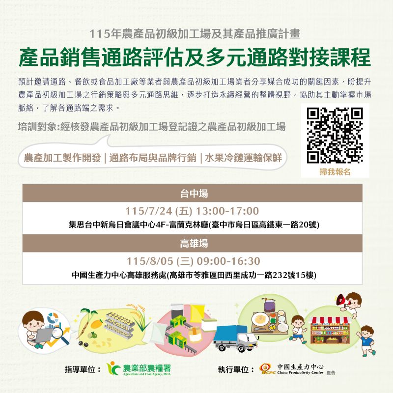 📢【115年農產品初級加工場】產品銷售通路評估及多元通路對接課程 現正報名中！
